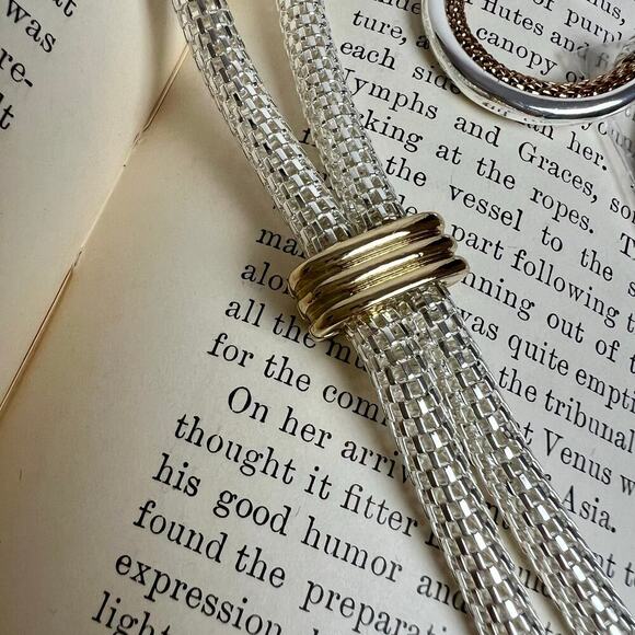 NEW Vintage 80s NRQ Lariat Silver and Gold Necklace Hoop Earrings Jewelry Set - Picture 2 of 15